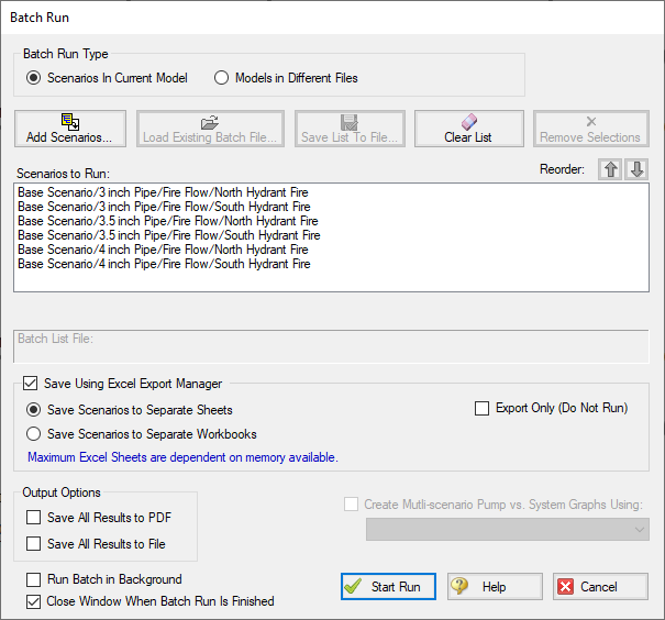 The Batch Run window. The option to Save Using Excel Export Manager is selected.